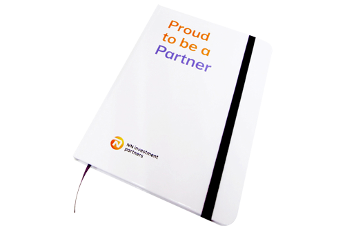 Company custom notebook Custom notebook with an elastic strap and a ribbon bookmark