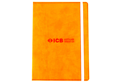 Yellow notebook with debossing Yellow hardcover notebook with red debossing and an elastic strap