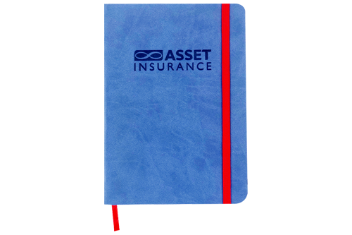Blue notebook with debossing Blue hardcover notebook with red debossing, an elastic strap, and a ribbon bookmark